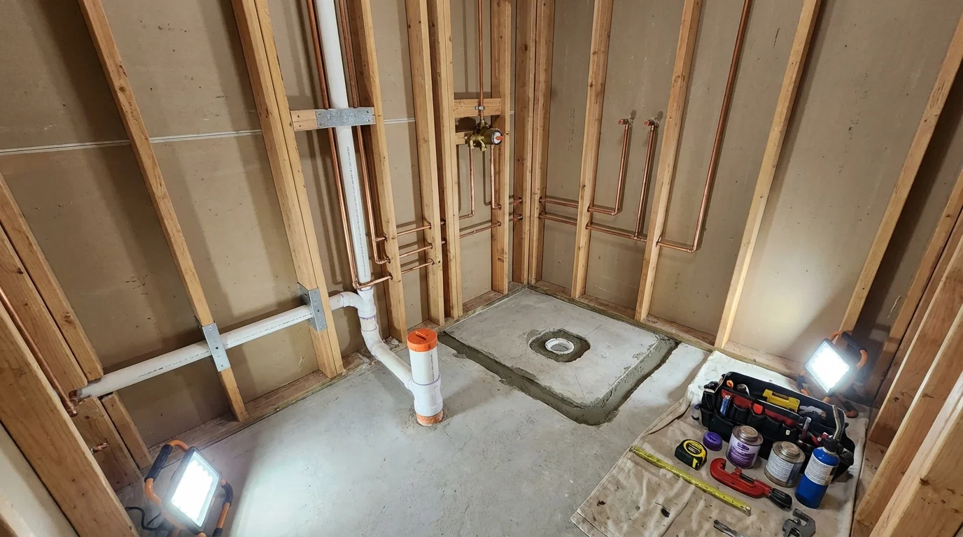 Bathroom rough-in plumbing during remodel by Johns Plumbing LLC in Joanna