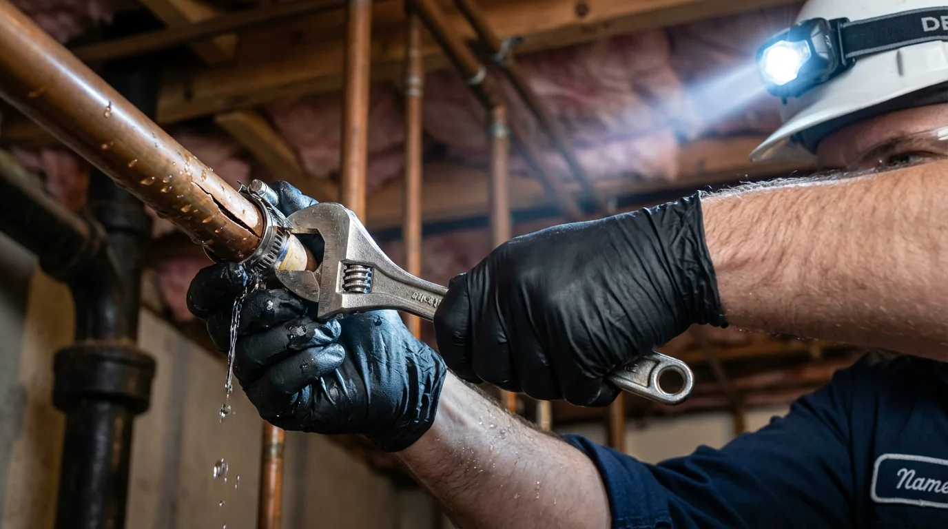 Emergency pipe clamp repair being performed by a Johns Plumbing LLC plumber in Joanna