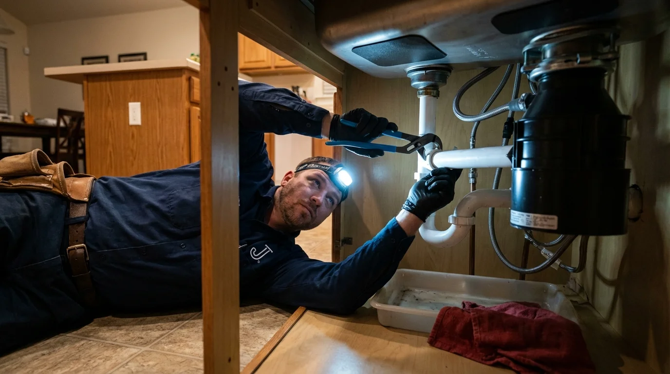 P-trap and supply line connections under a kitchen sink showing a common leak point in Joanna, SC